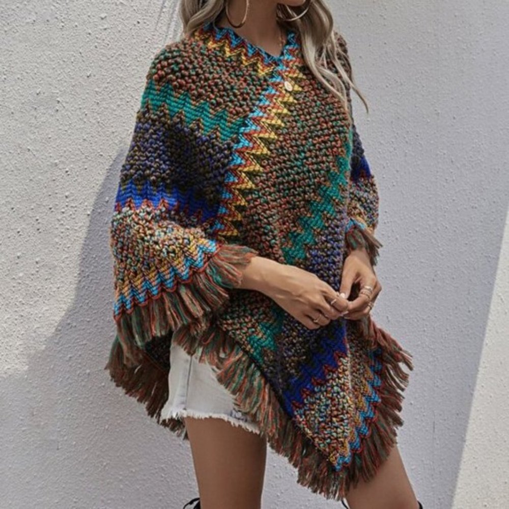 Knit Fringe Hem Poncho Sweater with Chevron Weave - Picture 5 of 7